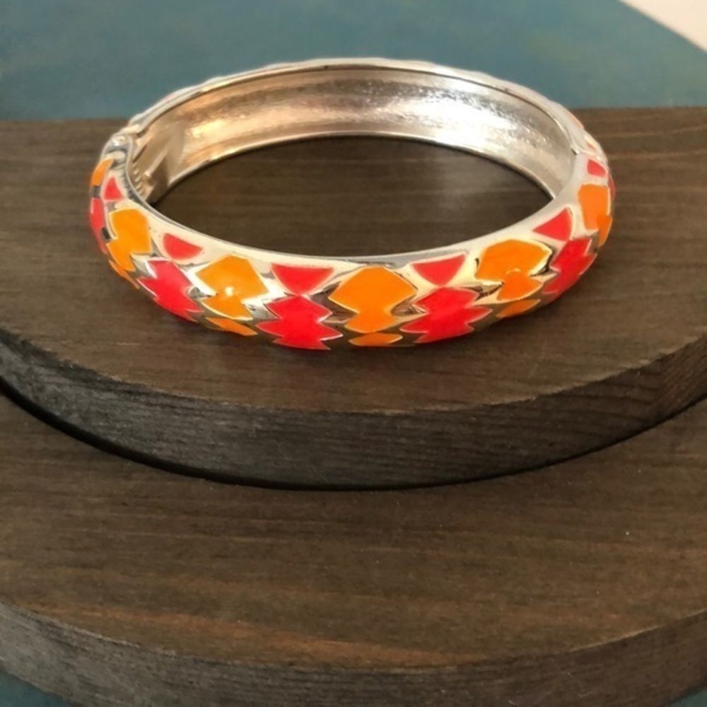Orange and silver enamel hinge bangle bracelet
